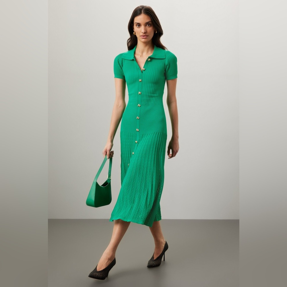 $495 Sandro Paris RTR Midi Knit Dress sweater green lace button down collared